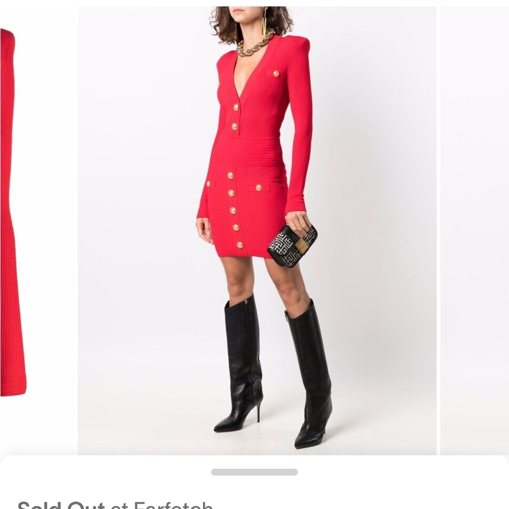 Balmain Red Button-Embellished Knitted Dress